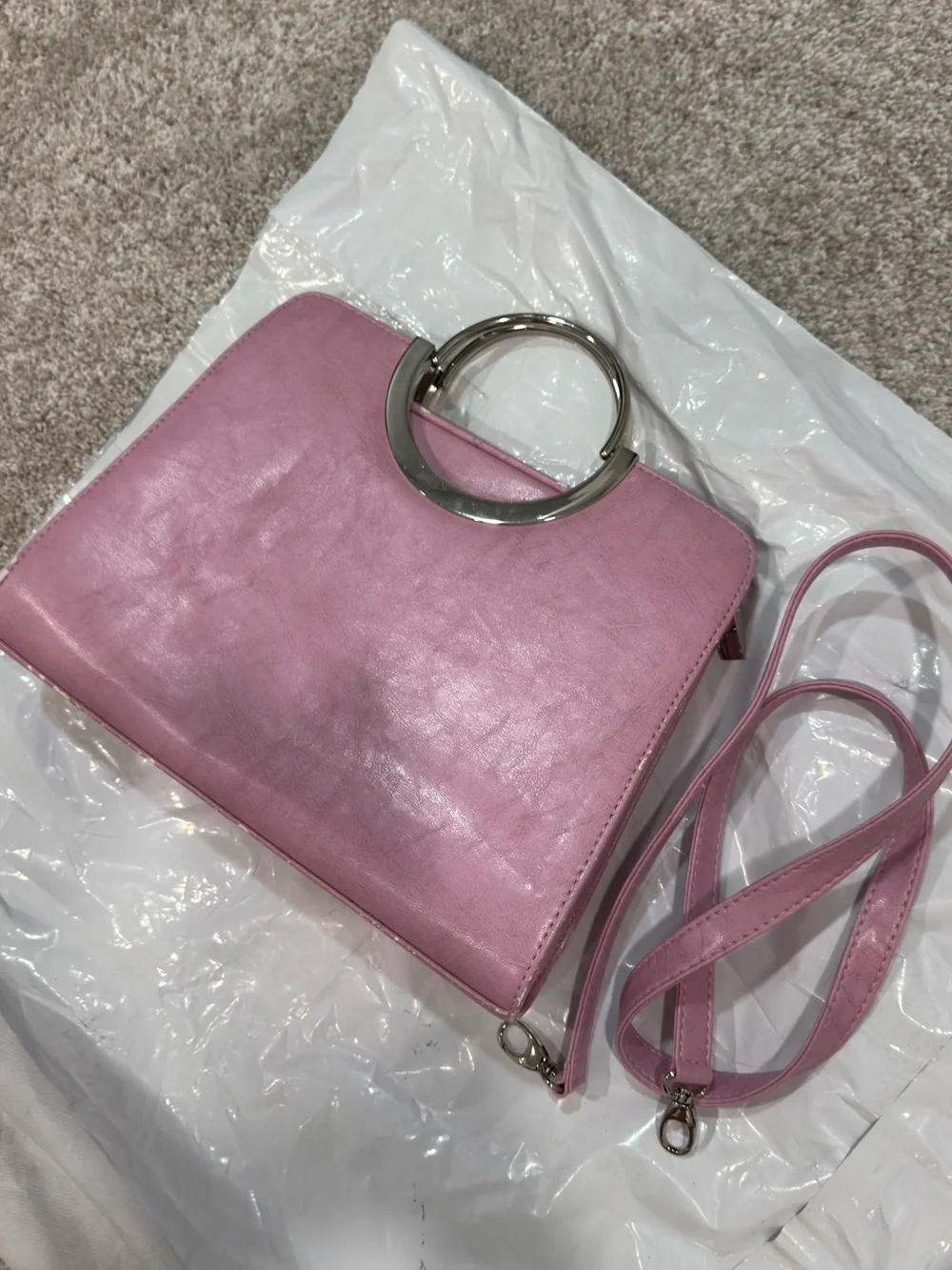 Vintage Mauve Pink Retro 70s Art Deco Mod Convertible Ring-Handle Tote + Strap